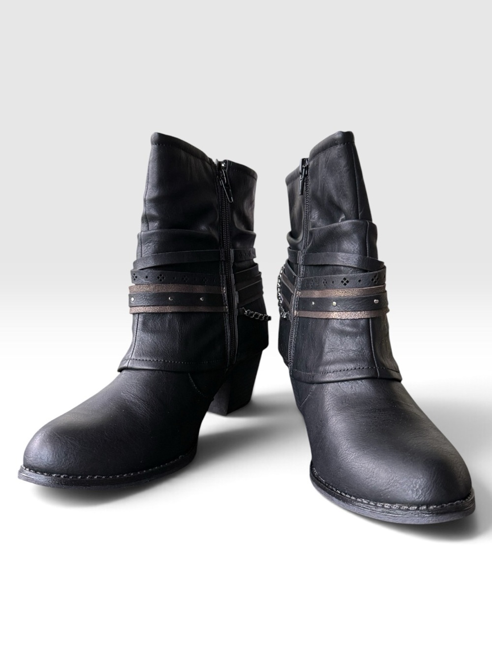 Women's Black Faux Leather Ankle Boots with Buckle and Chain Detail Size 10